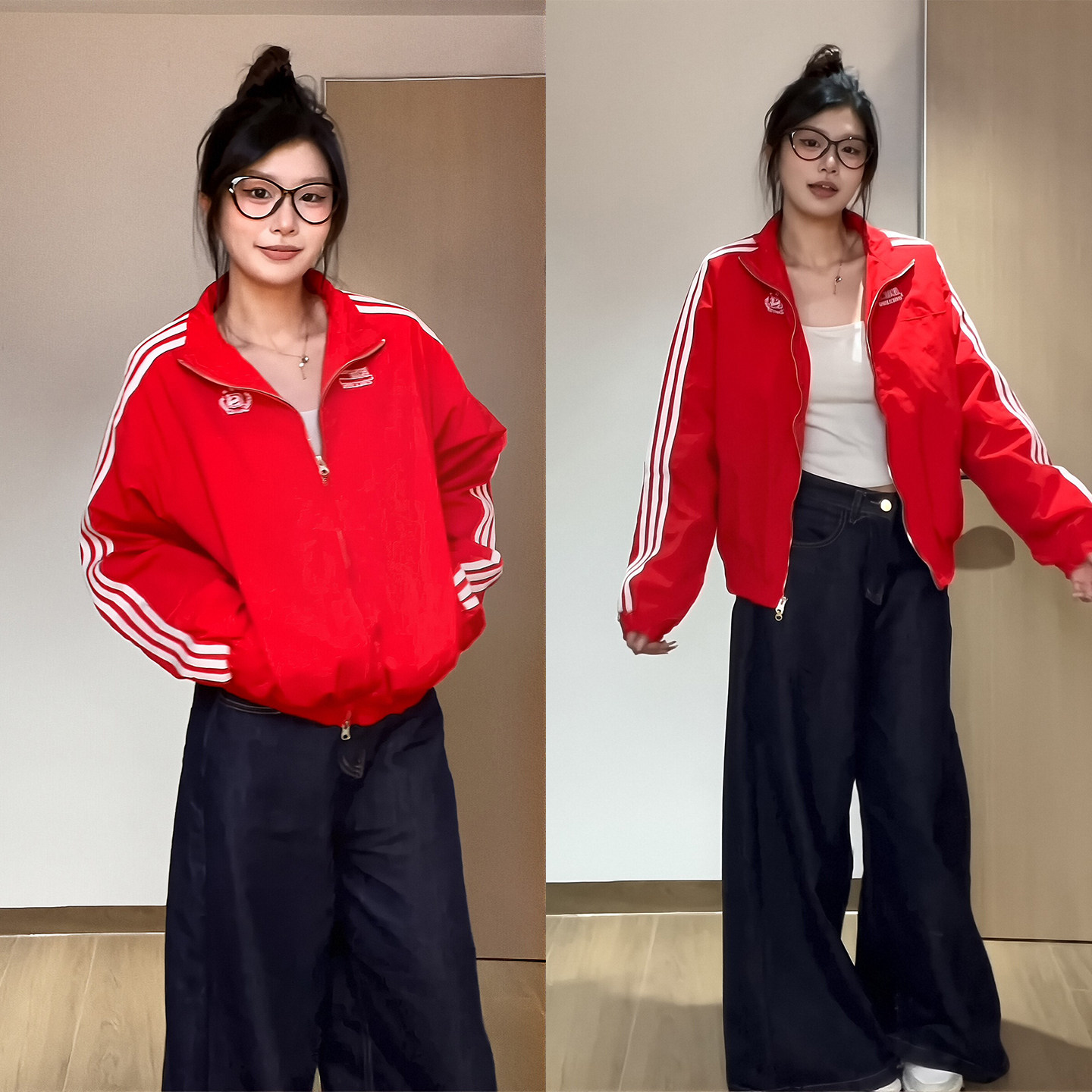DIYUN帝韵红色美式复古短款冲锋衣外套女秋季薄款夹克开衫上衣潮