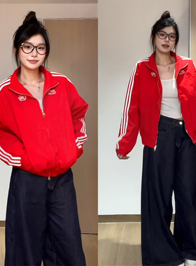 DIYUN帝韵红色美式复古短款冲锋衣外套女秋季薄款夹克开衫上衣潮