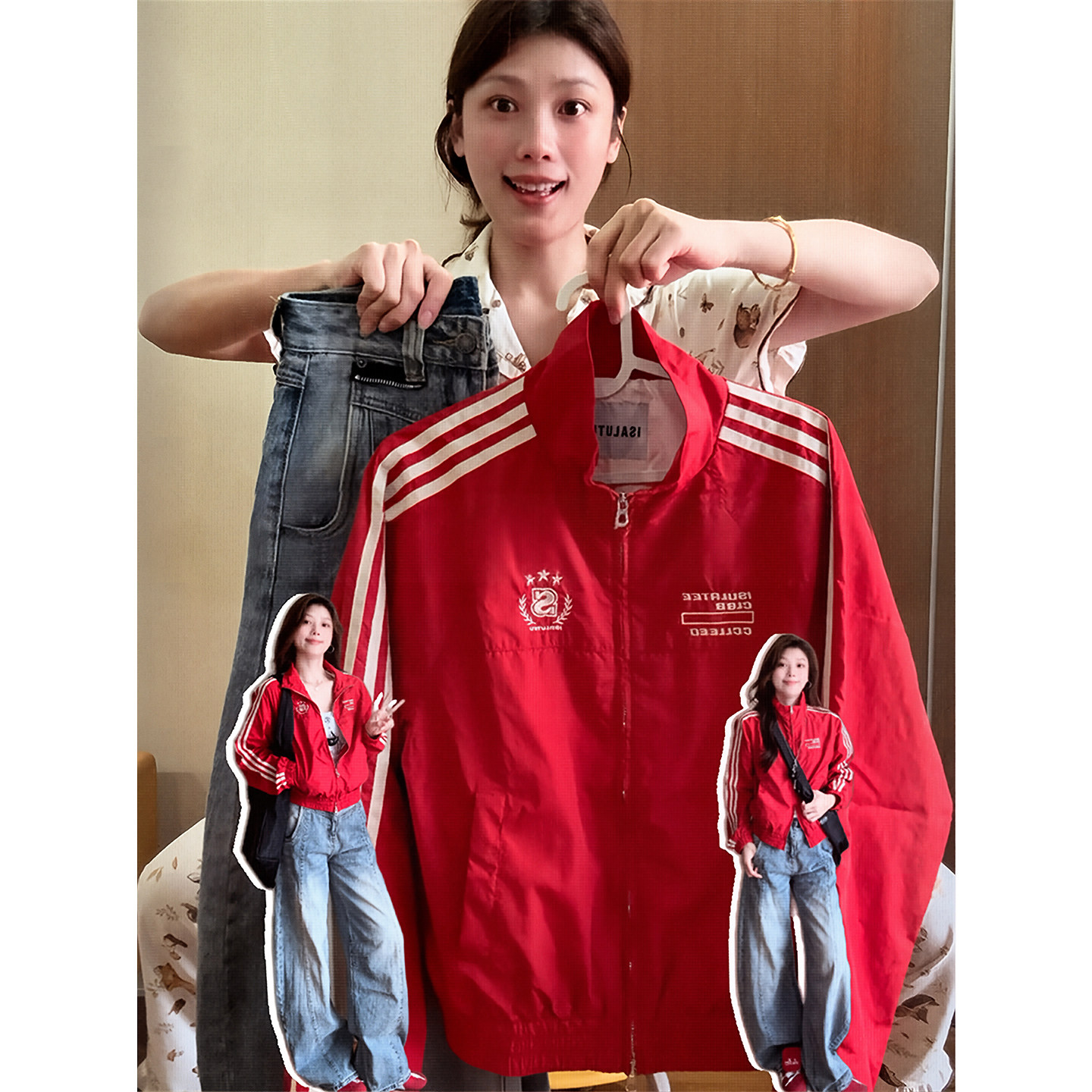 DIYUN帝韵红色美式复古外套女春秋季2025设计感小众潮牌休闲夹克