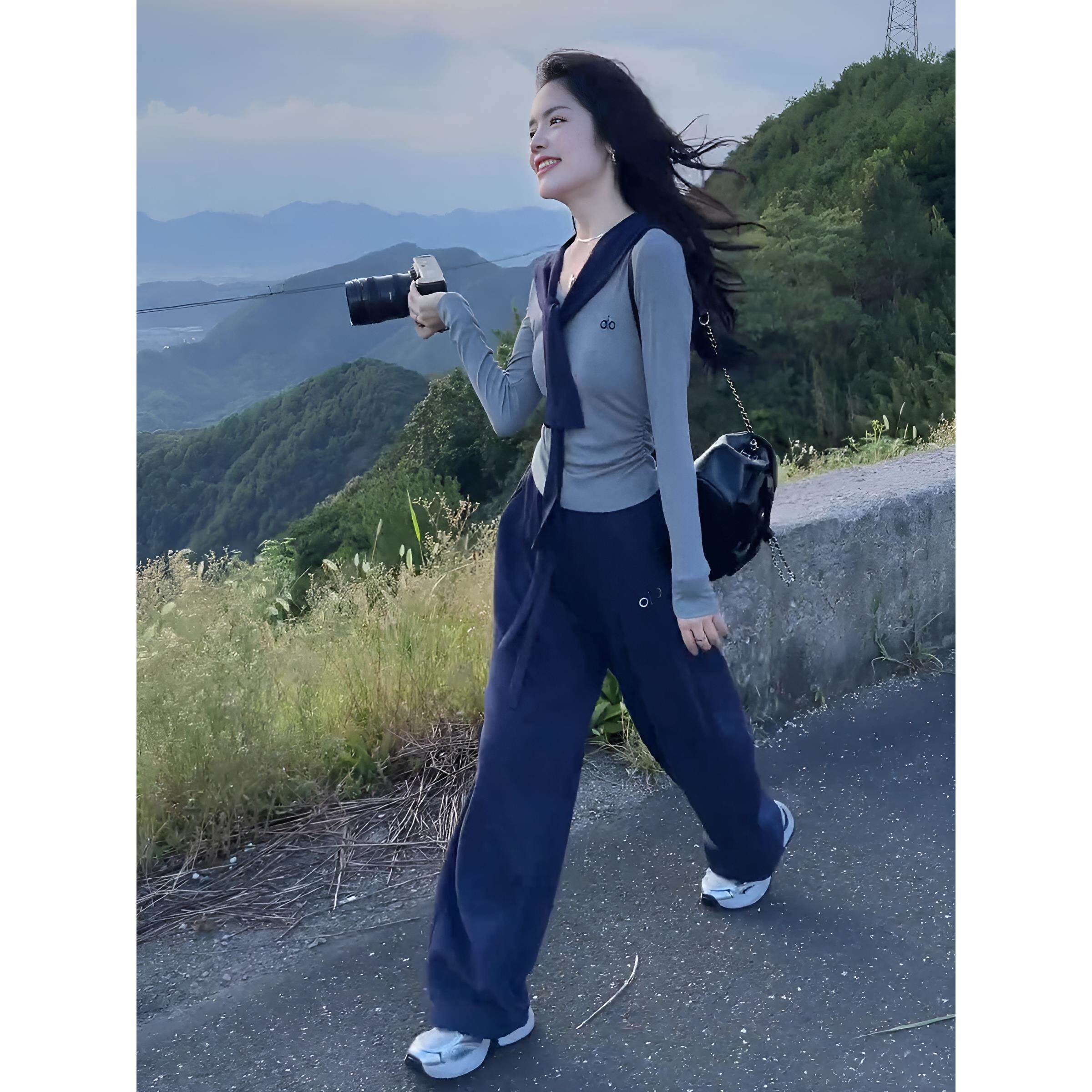 ROUMIKL2025超火秋装一整套ootd穿搭小个子松弛感长袖T恤披肩两件