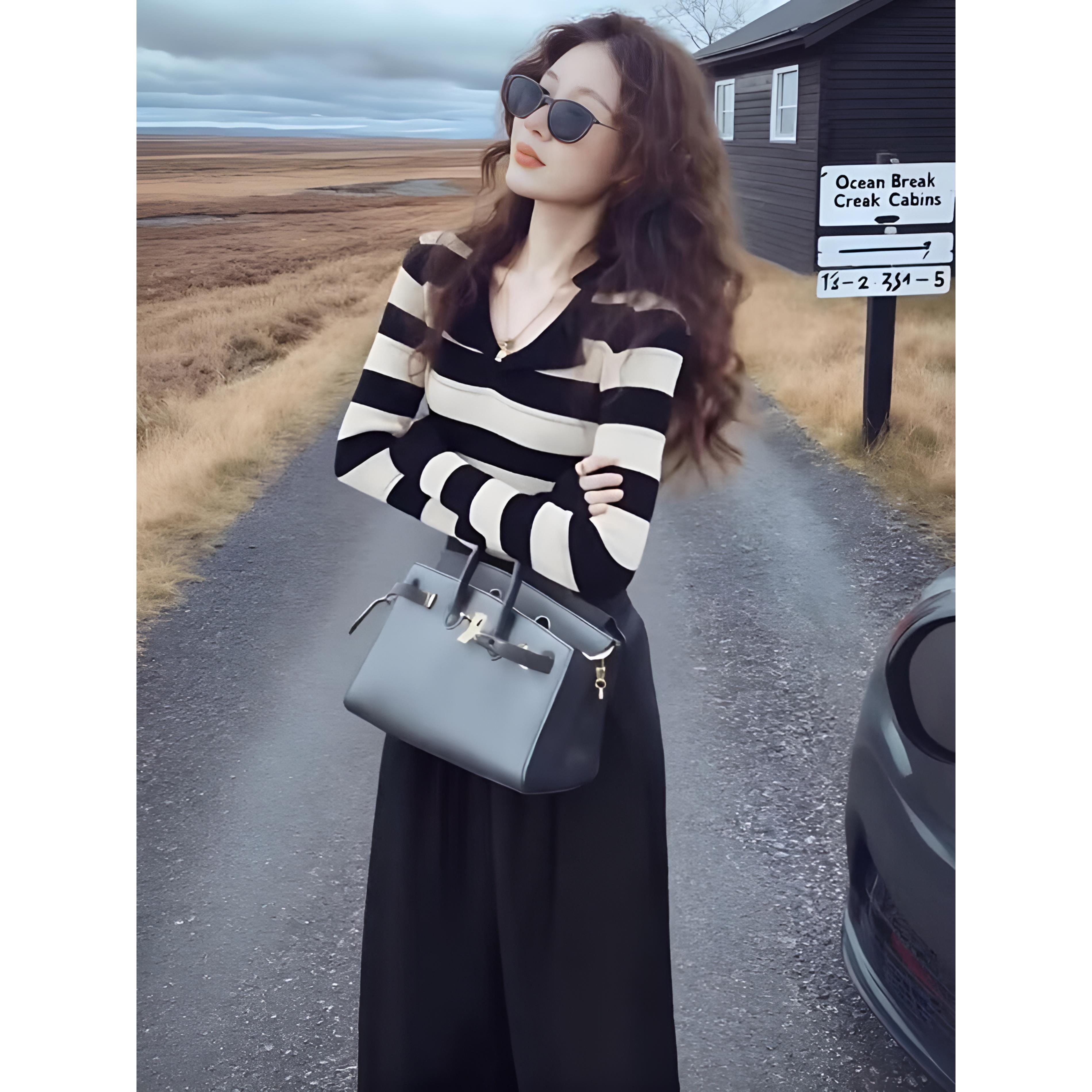 ROUMIKL秋日ootd穿搭一整套洋气减龄法式撞色条纹v领针织衫阔腿裤