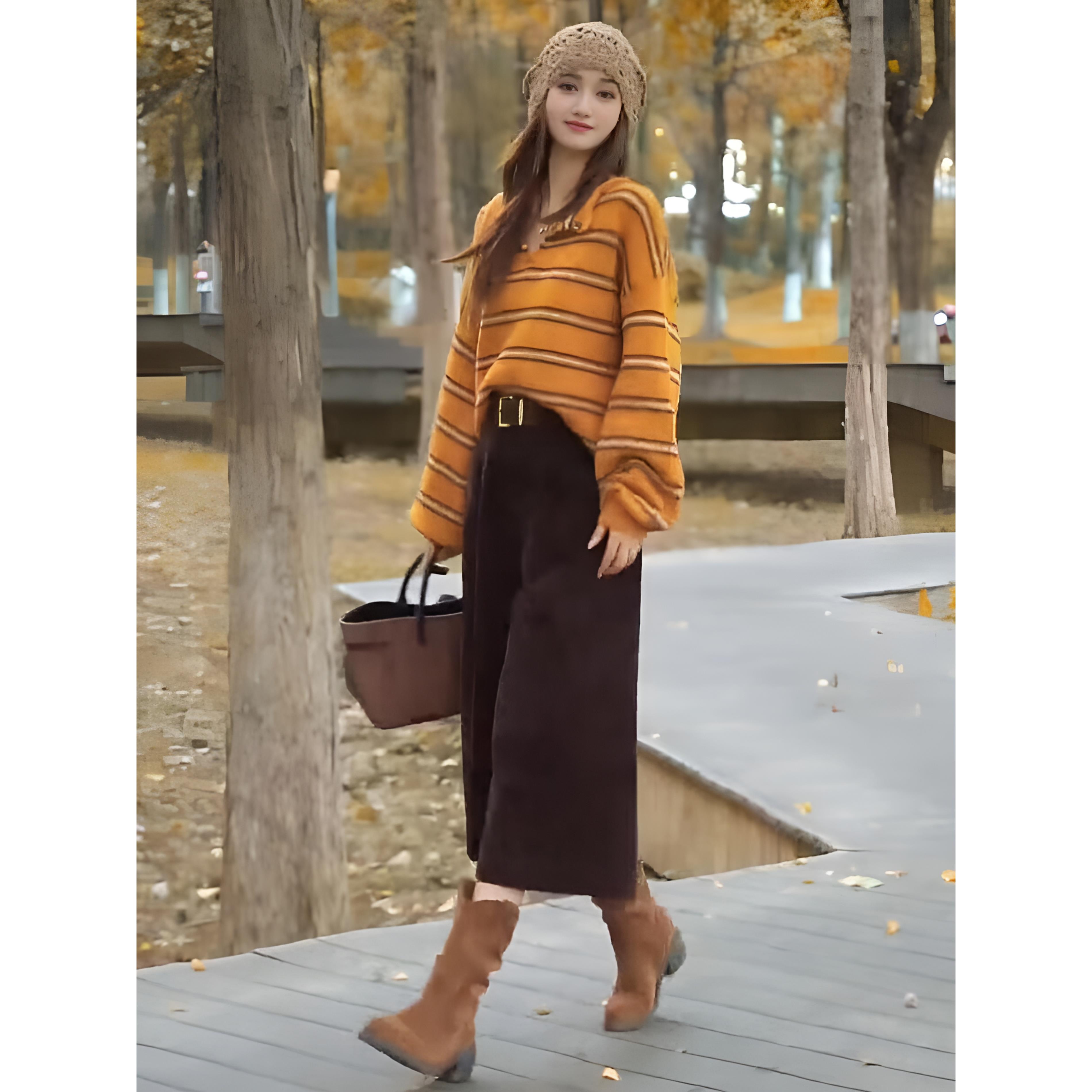 ROUMIKL韩系一整套ootd穿搭小个子减龄休闲条纹针织衫阔腿裤两件