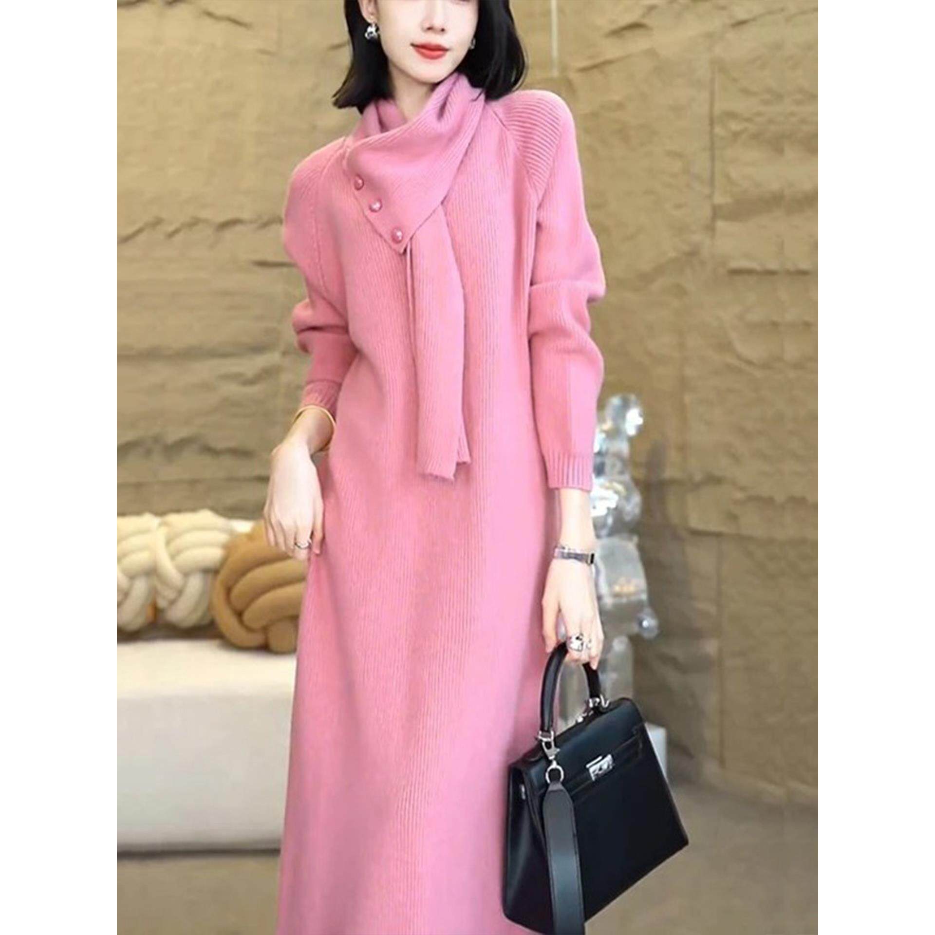ROUMIKL围巾针织连衣裙女秋冬遮肚子中长款过膝毛衣裙洋气宽松显