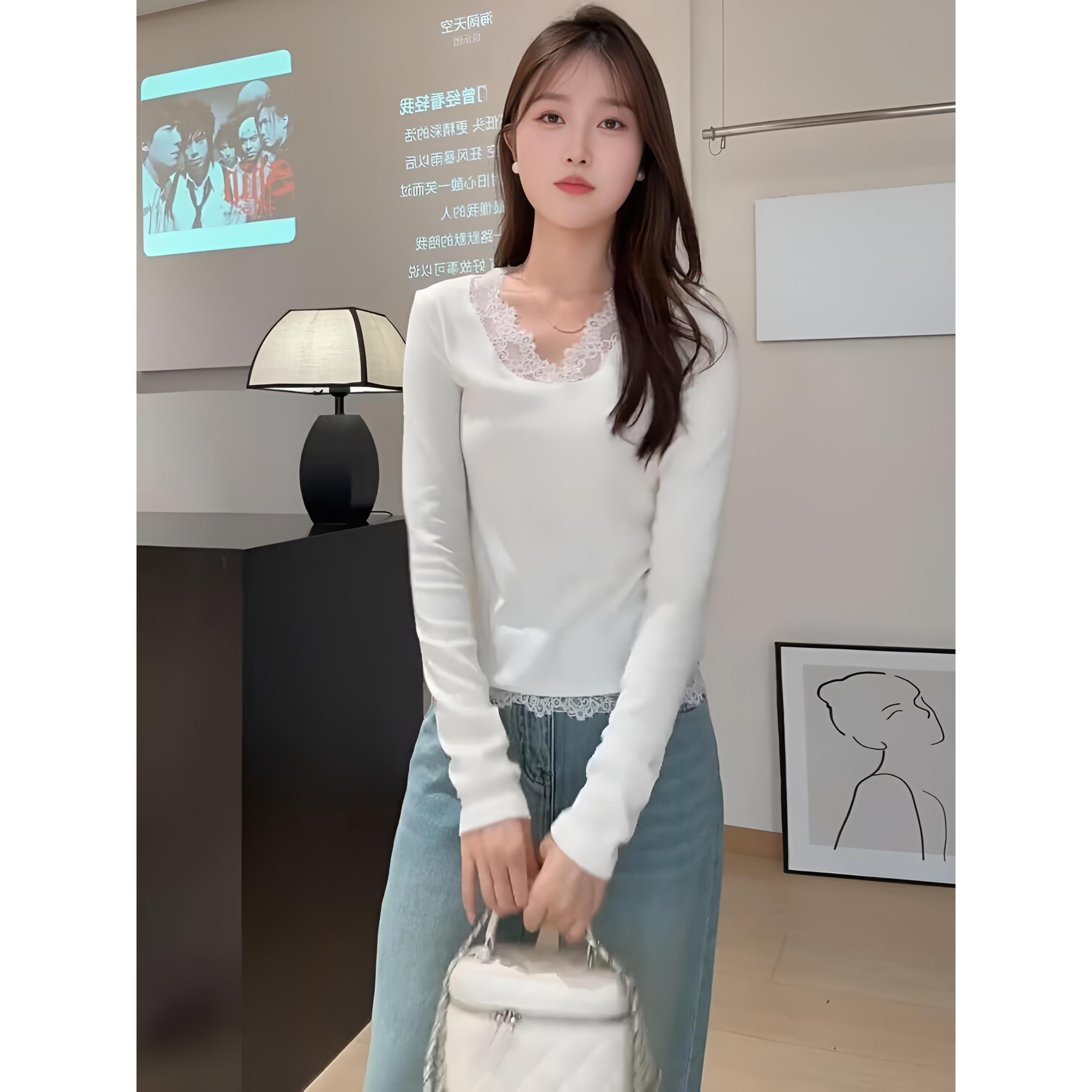 ROUMIKL气质一整套ootd穿搭早秋巨好看的蕾丝拼接长袖上衣牛仔裤