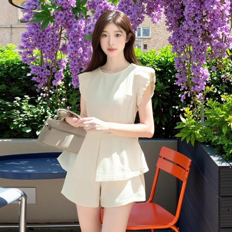 RIERA时尚休闲麻料套装女2025年夏季新款飞飞袖收腰上衣阔腿短裤