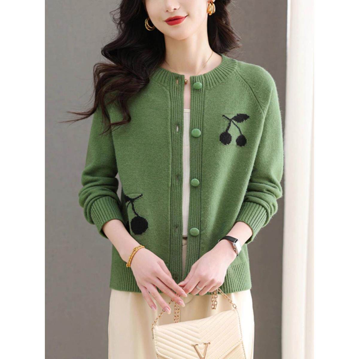 ROUMIKL慵懒风绣花针织开衫女春秋外搭薄款上衣洋气宽松红色毛衣