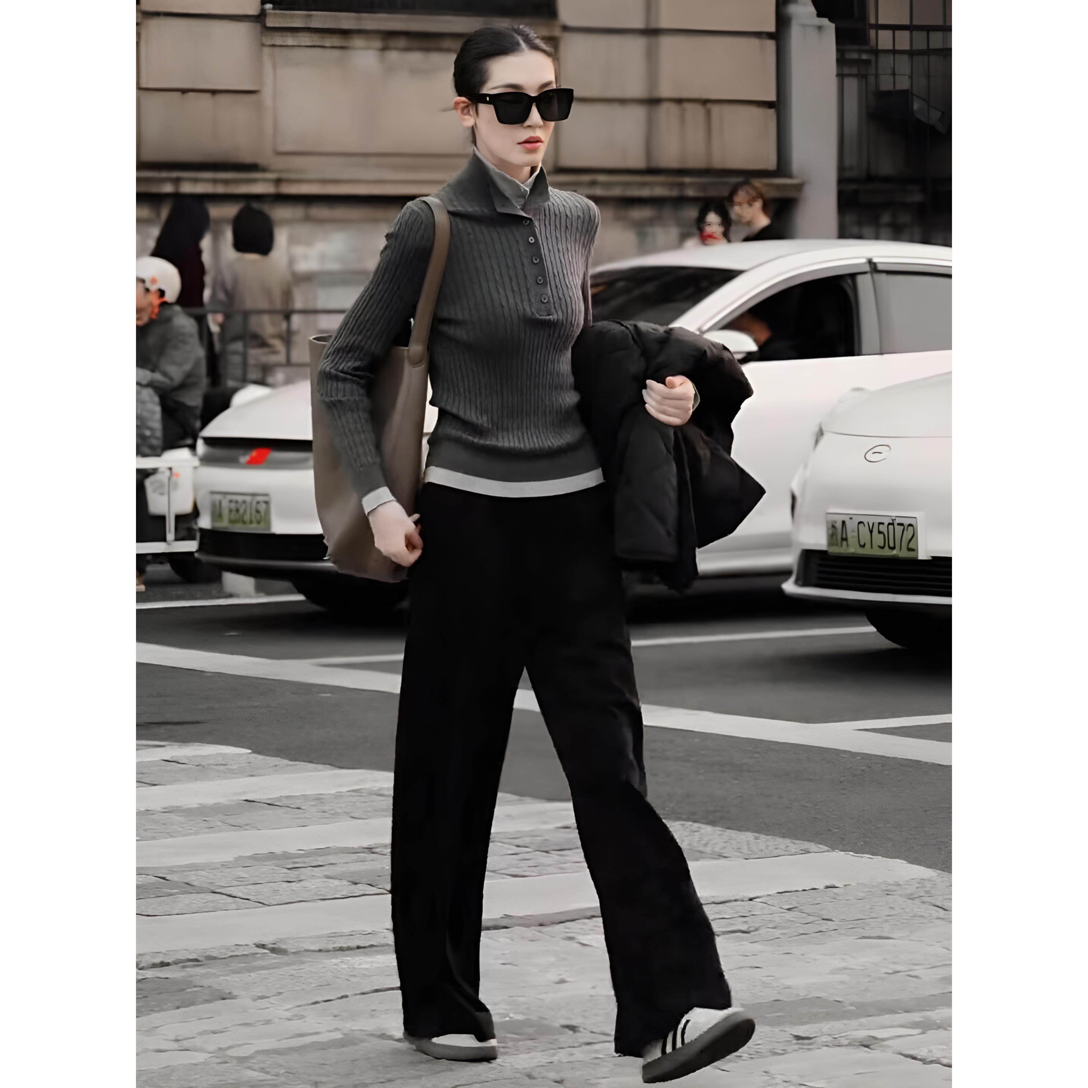 ROUMIKL2025超火穿搭一整套小个子韩式休闲风立领针织衫阔腿裤套