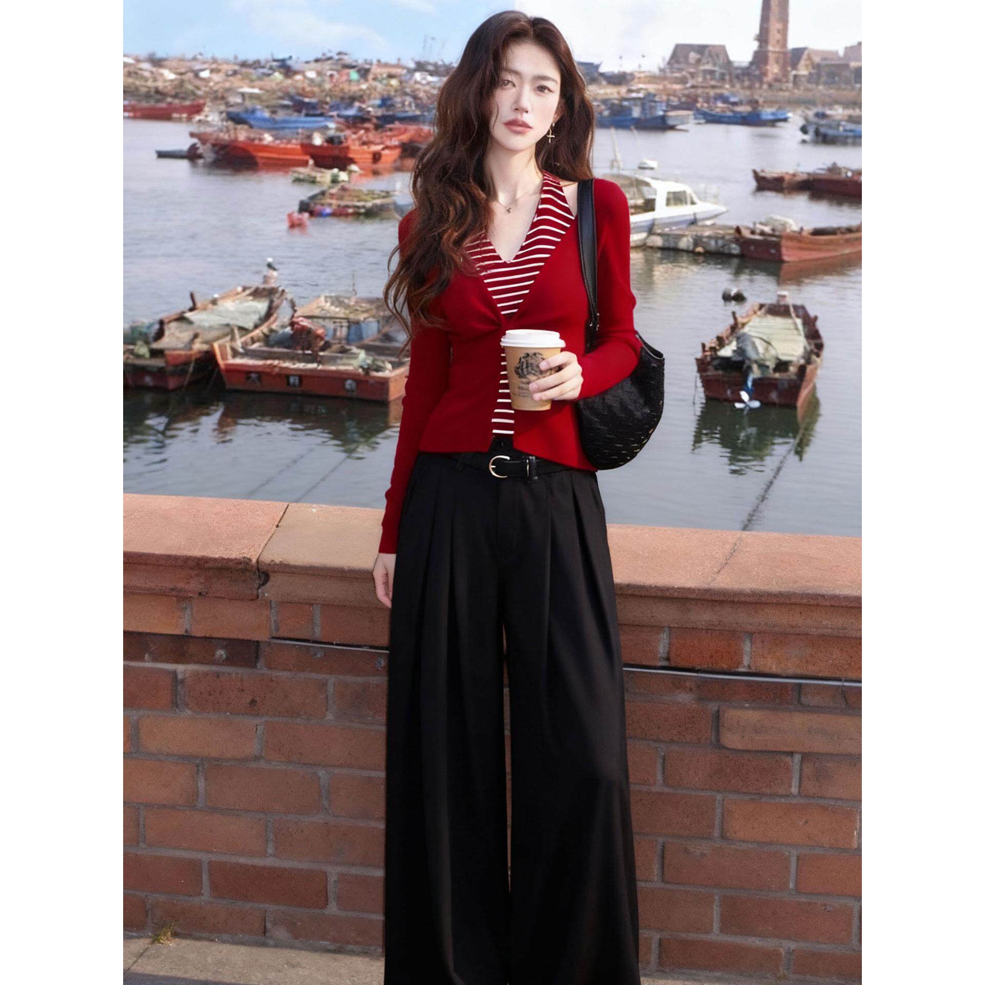 ROUMIKL覆古红色V领假两件针织衫阔腿裤女秋季修身显瘦高级感超好