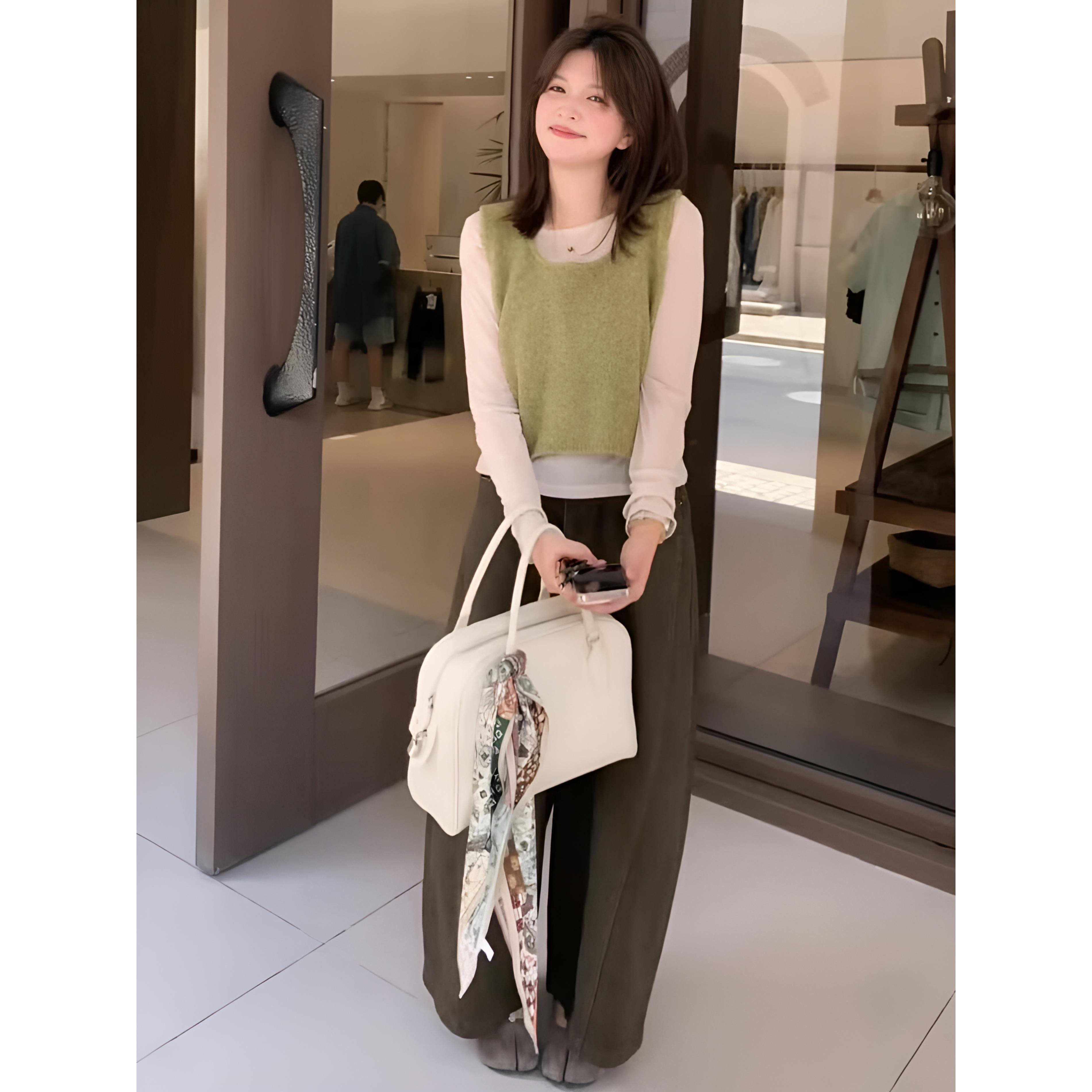 ROUMIKL巨好看的早秋一整套温柔风内搭长袖T恤+针织马甲+阔腿裤三