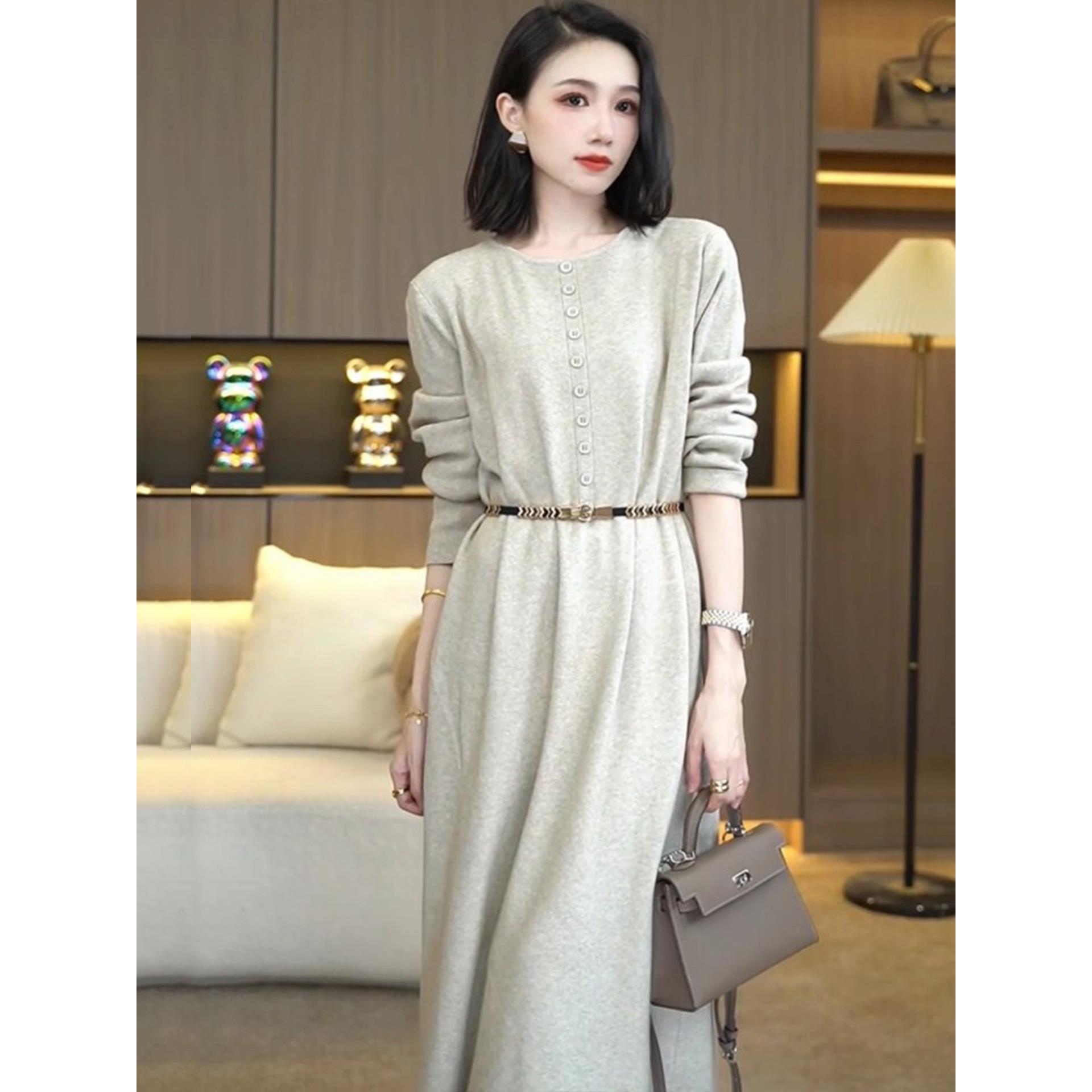 ROUMIKL配大衣针织衫连衣裙女秋冬圆领纯色内搭过膝毛衣中长款宽