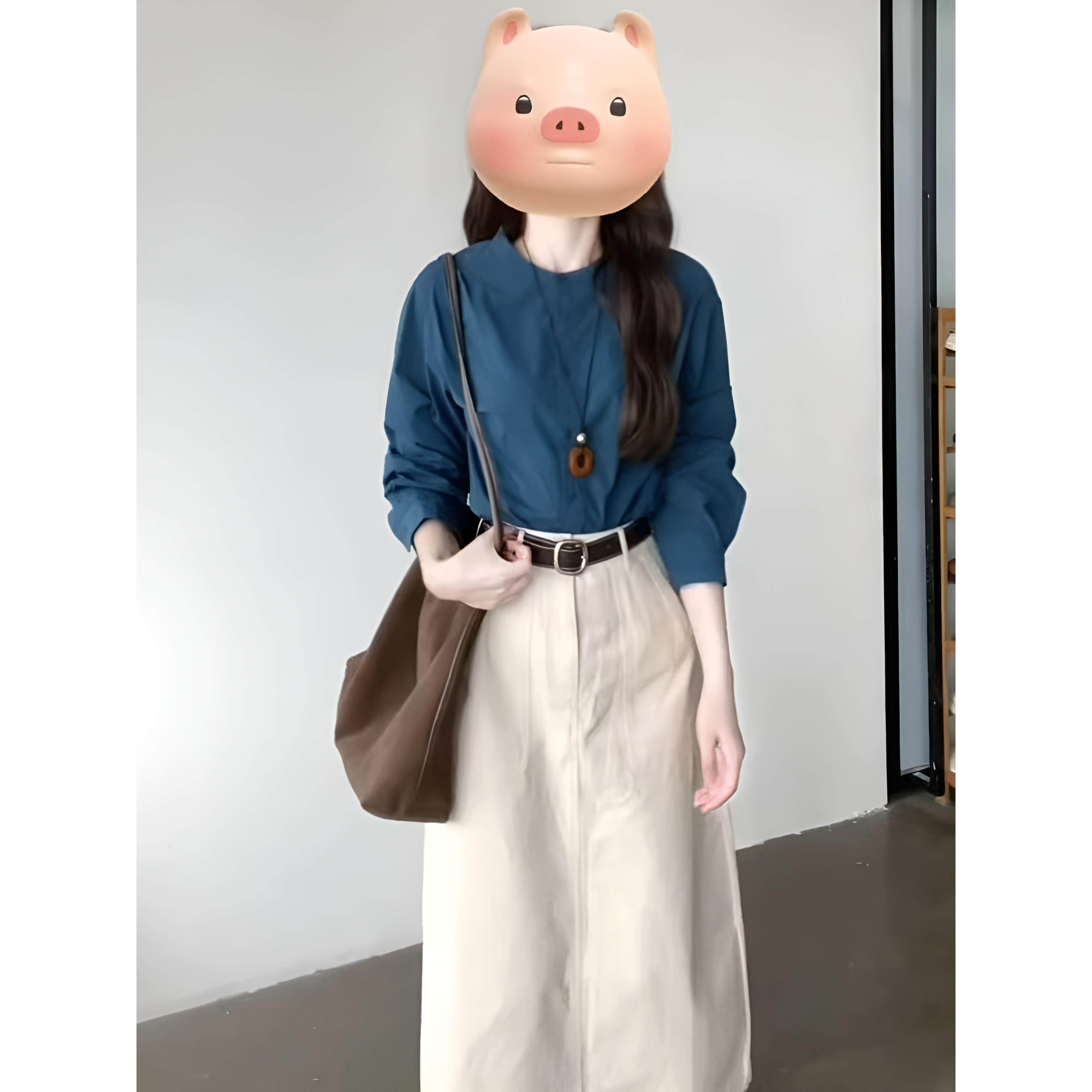 ROUMIKL轻熟气质套装女小个子蓝色长袖上衣高腰伞裙职业两件套女2
