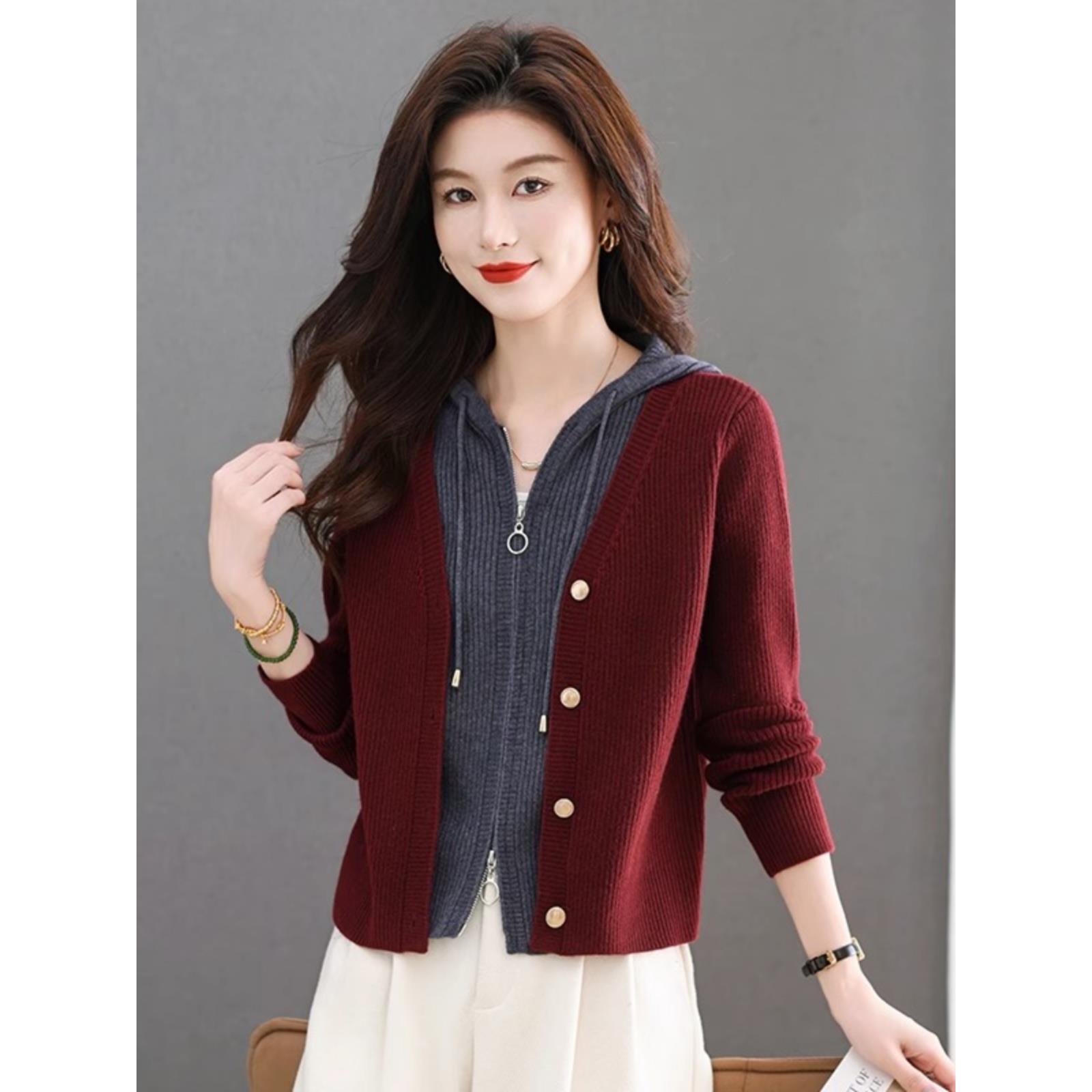 ROUMIKL假两件上衣女时尚洋气短款连帽毛衣外套秋冬2025新款爆款