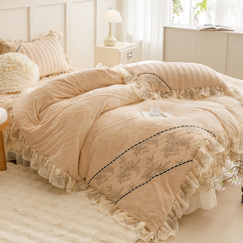 雕花牛奶绒蕾丝床盖四件套防静电加厚夹棉床单4件套加大被套冬季2