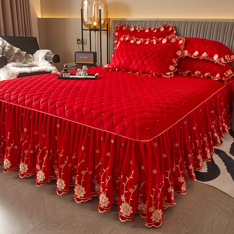 轻奢高档宝宝绒夹棉床裙三件套欧式婚庆结婚加厚床罩冬季保暖床套