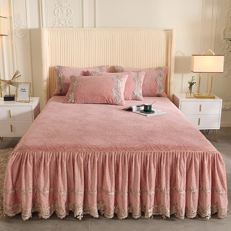冬天高档加厚韩版雕花牛奶绒床裙单件刺绣花边床垫套保暖冬季床罩