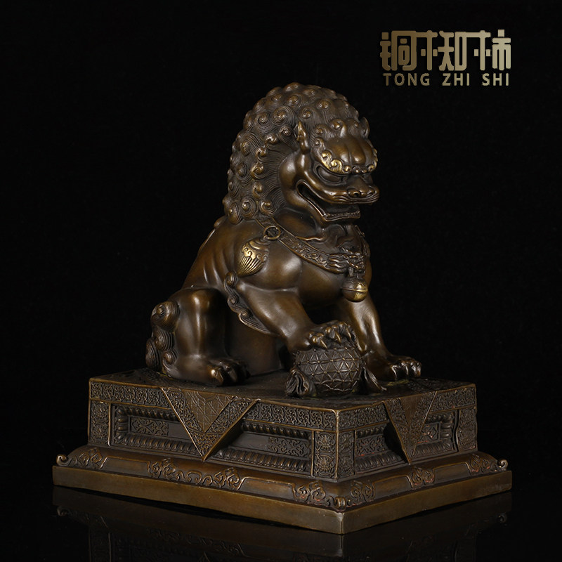 知柿纯黄铜故宫狮工艺品中式别墅大门铜狮子摆件乔迁礼品
