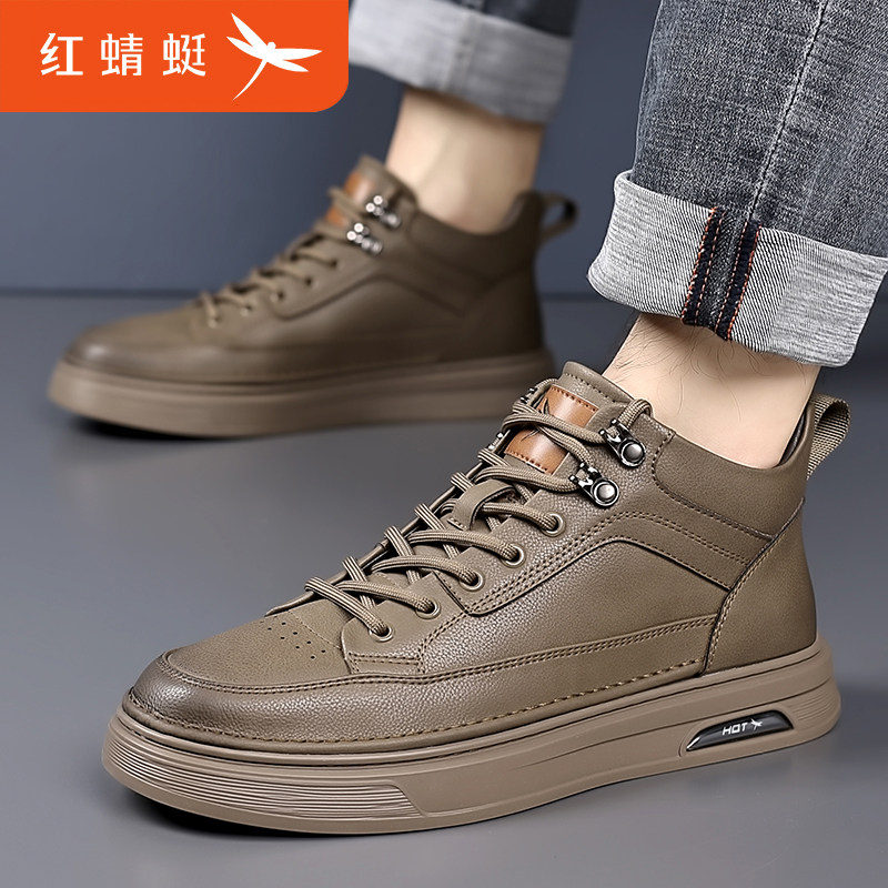 红蜻蜓男鞋2025冬季新款真皮中帮休闲鞋厚底透气耐磨板百搭男士鞋