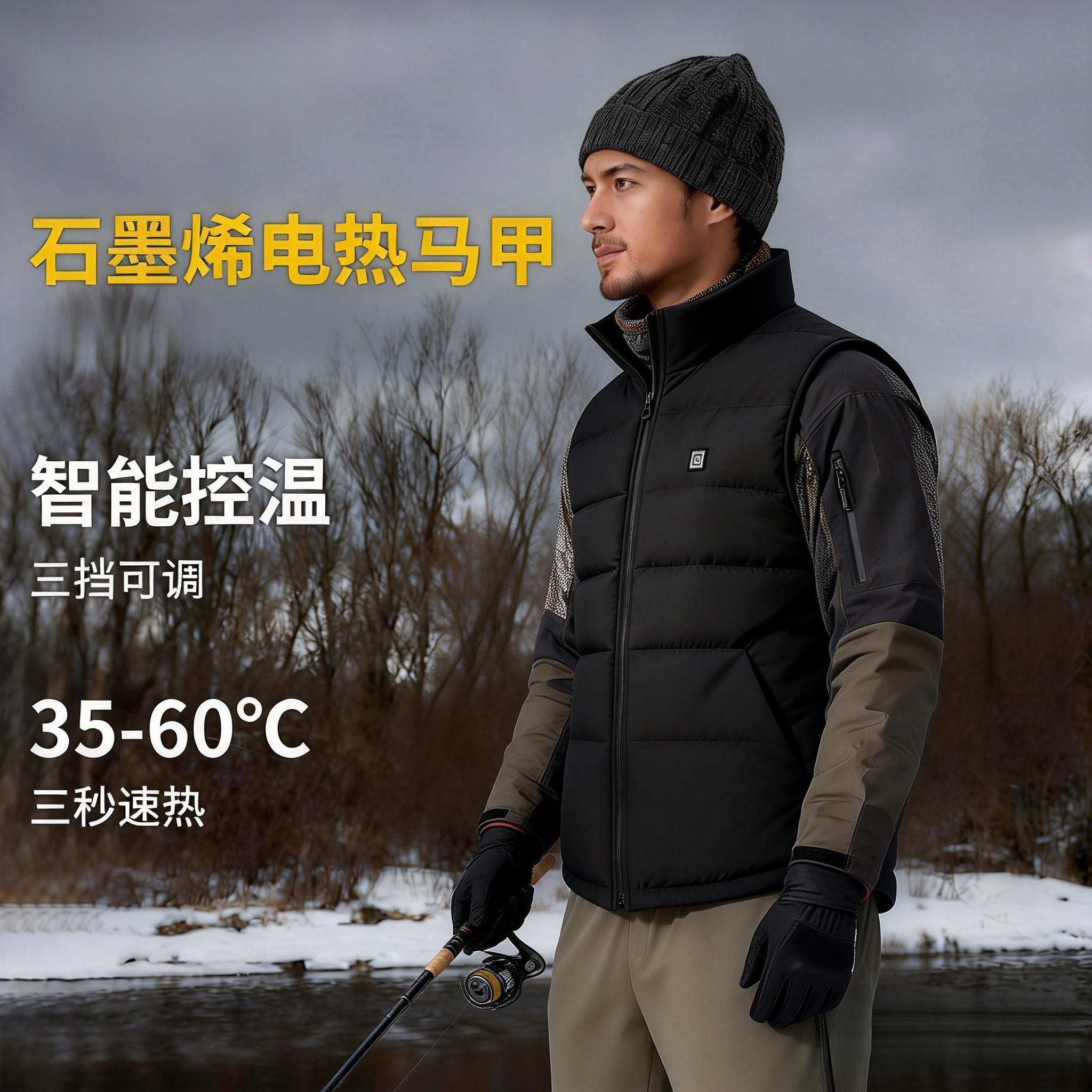 SKAH石墨烯电发热马甲男冬季保暖三挡智能控温户外立领背心
