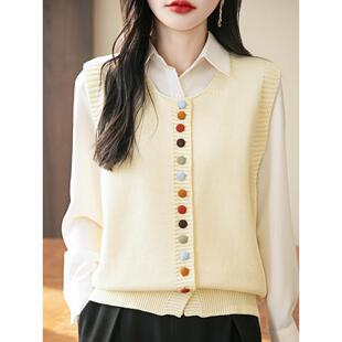 ROUMIKL新款纯线圆领针织马甲女彩扣洋气叠穿坎肩背心宽松无袖毛