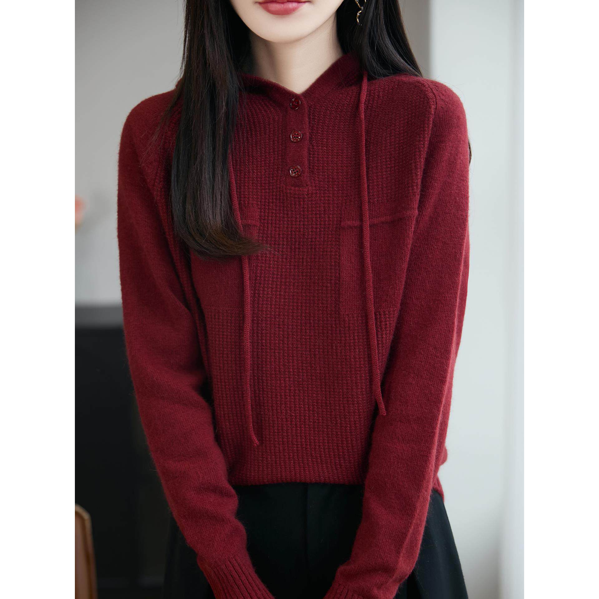ROUMIKL秋冬新款连帽加厚毛衣女宽松休闲纯色帽衫打底针织衫针织