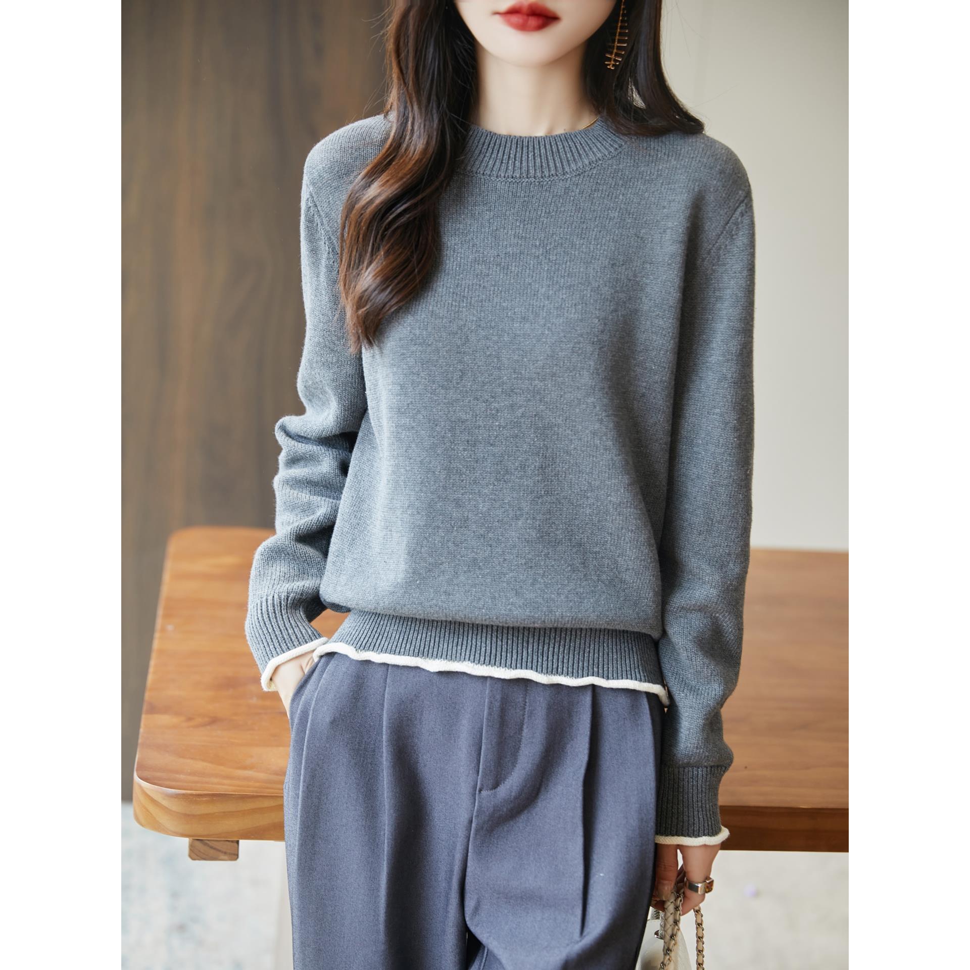 ROUMIKL秋冬新款纯撞色圆领针织衫女宽松显瘦加厚毛衣内搭保暖打