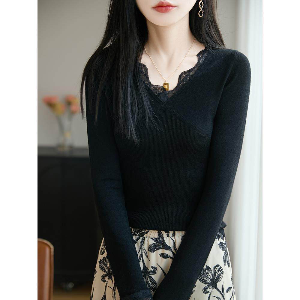 ROUMIKL法式蕾丝花边V领针织毛衣女长袖修身显瘦洋气叠穿精纺上衣