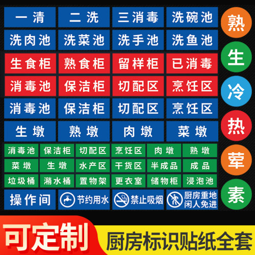一清二洗三消毒全套厨房贴纸标识