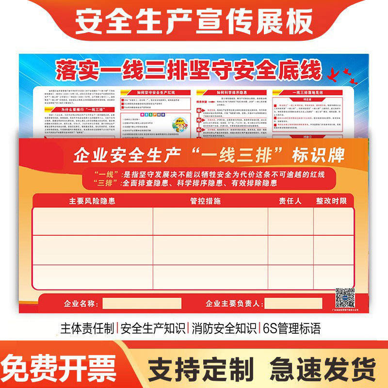 一线三排标识牌三线一排安全生产标语墙贴信息公示牌企业车间安全生产月应急预案主题宣传海报 - 实物图
