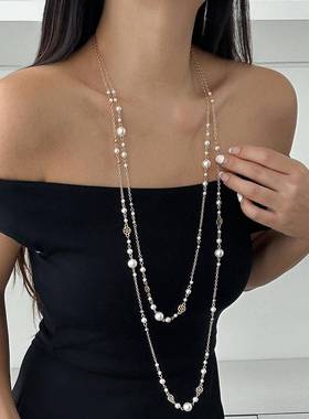 Long necklace imitation pearl chain tassel pendant sweater女