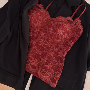 本命年红色法式性感蕾丝美背鱼骨吊带背心带胸垫西装内搭外穿打底