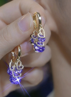 轻奢紫色锆石爱心耳环女小众设计感精致百搭耳扣网红气质时尚耳饰