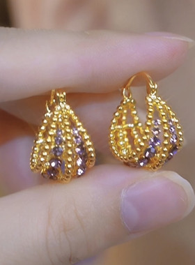 法式时尚紫色锆石水晶花篮耳环女轻奢高级感耳饰2024新款网红耳扣