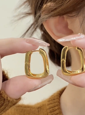 金色几何方形耳环女小众设计感轻奢高级感耳扣气质冷淡风圈圈耳饰