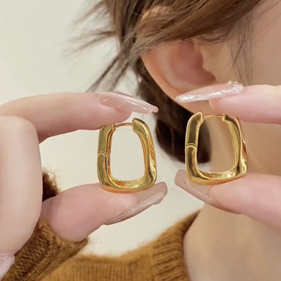 金色几何方形耳环女小众设计感