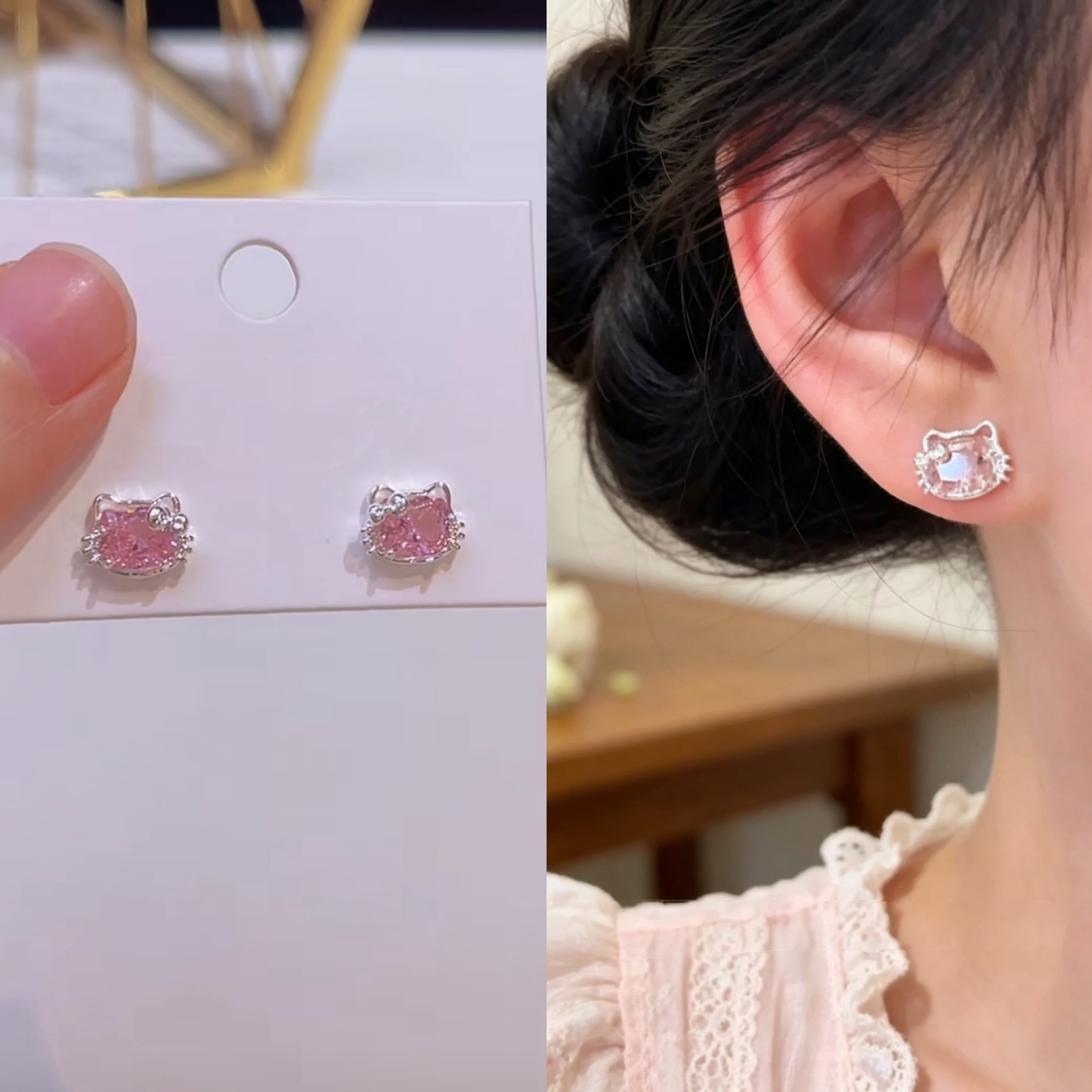 气质甜美粉色猫咪蝴蝶结耳钉女轻奢小众设计感耳环时尚百搭耳饰
