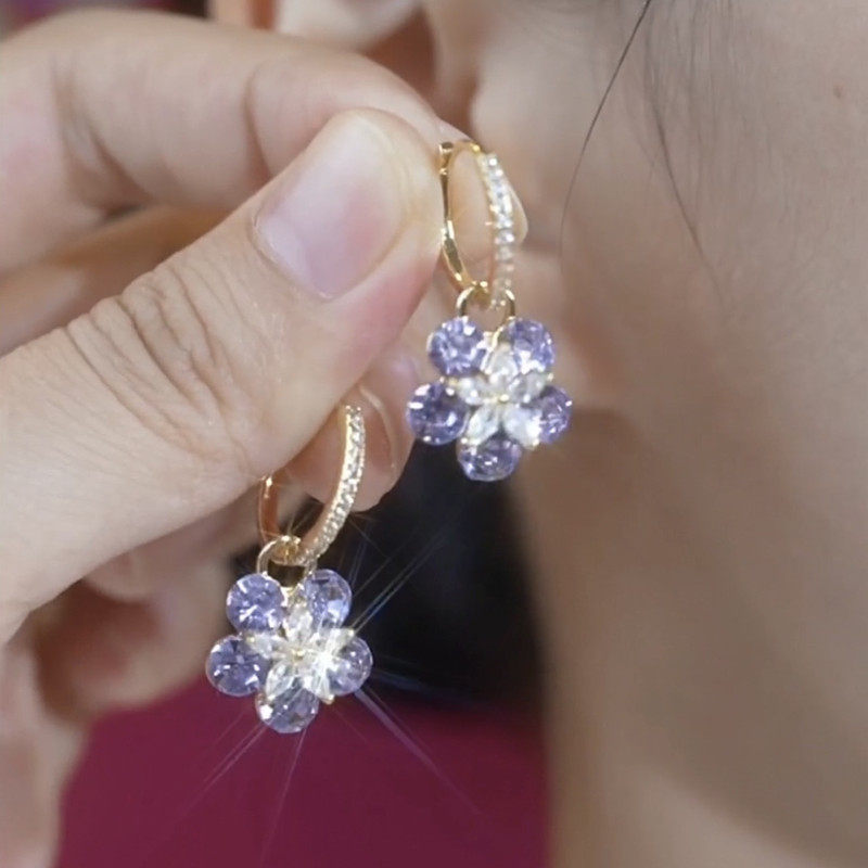 紫色锆石花朵耳环女精致时尚百搭通勤锆石耳扣气质高级感网红耳饰