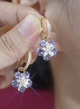紫色锆石花朵耳环女精致时尚百搭通勤锆石耳扣气质高级感网红耳饰