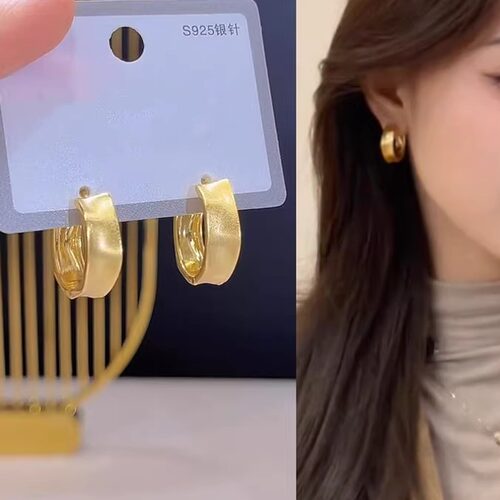 925银针复古几何拉丝金色耳圈女