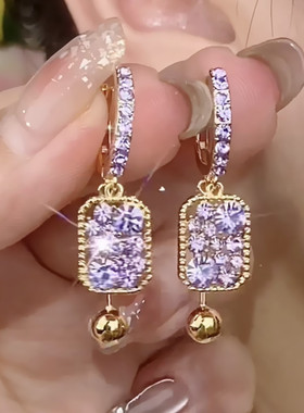 轻奢紫色满钻方形水晶耳环女小众设计感气质高级大气耳饰时尚耳扣