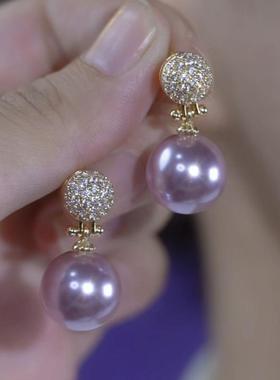 925银针紫色珍珠耳钉女高级感镶钻气质耳饰2024新款爆款百搭耳环