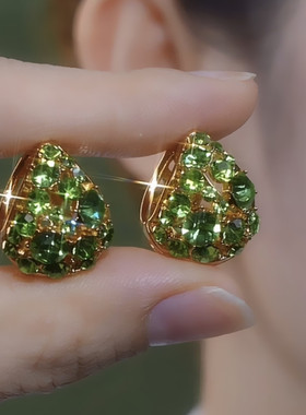 气质绿色水晶水滴提篮耳扣女小众设计感精致百搭耳环轻奢满钻耳饰