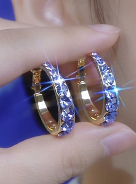 时尚紫色锆石耳圈耳环时尚轻奢925银针耳扣气质百搭网红圈圈耳饰