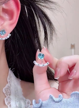 s925银针耳饰蓝色方糖锆石弧形两戴耳钉女小众设计感耳环2025新款
