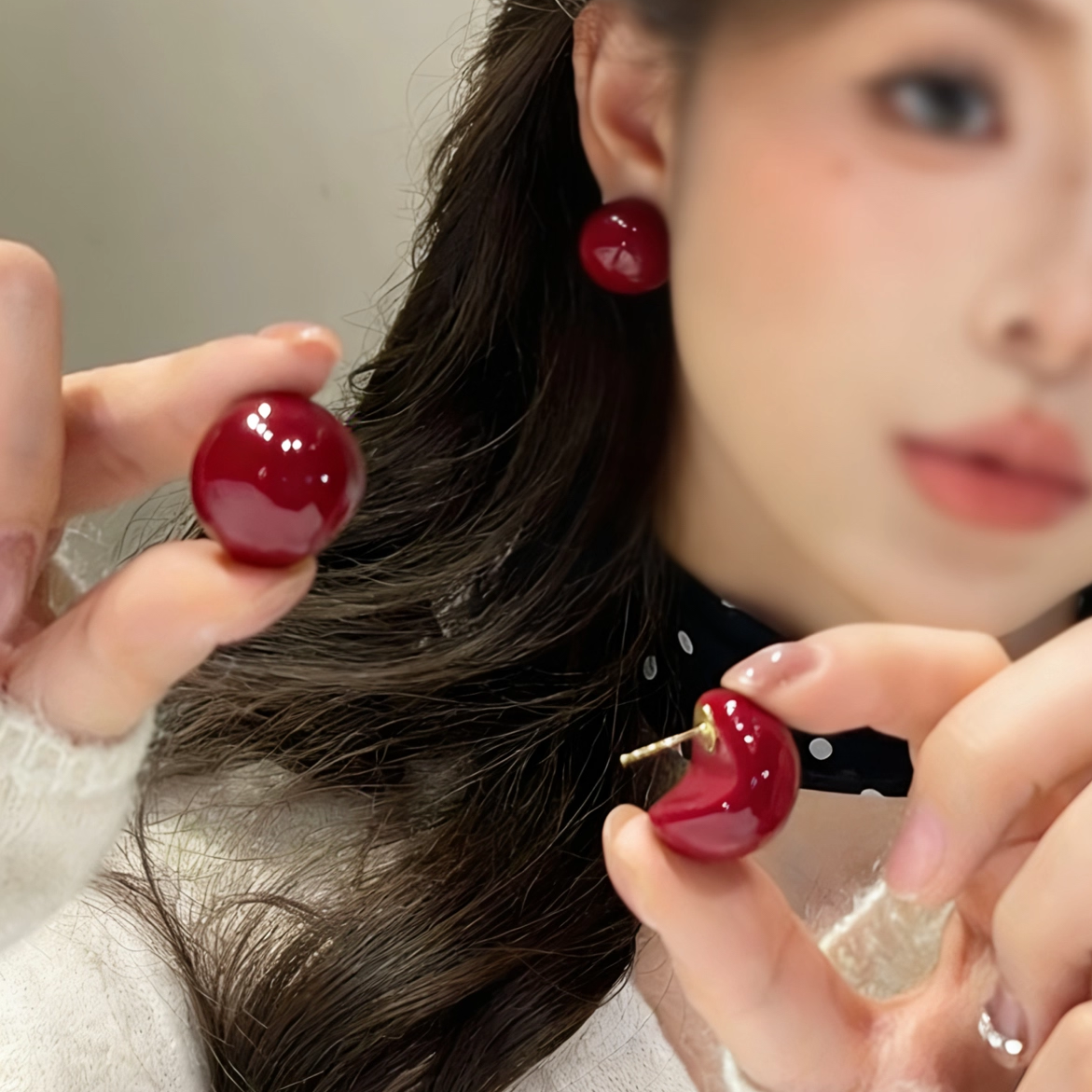 显白安可拉红几何半圆馒头大珍珠耳钉小众设计感气质百搭耳环耳饰