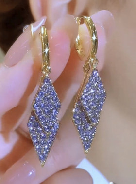 轻奢紫色满钻几何耳环小众设计感时尚菱形显脸瘦耳坠耳扣气质耳饰
