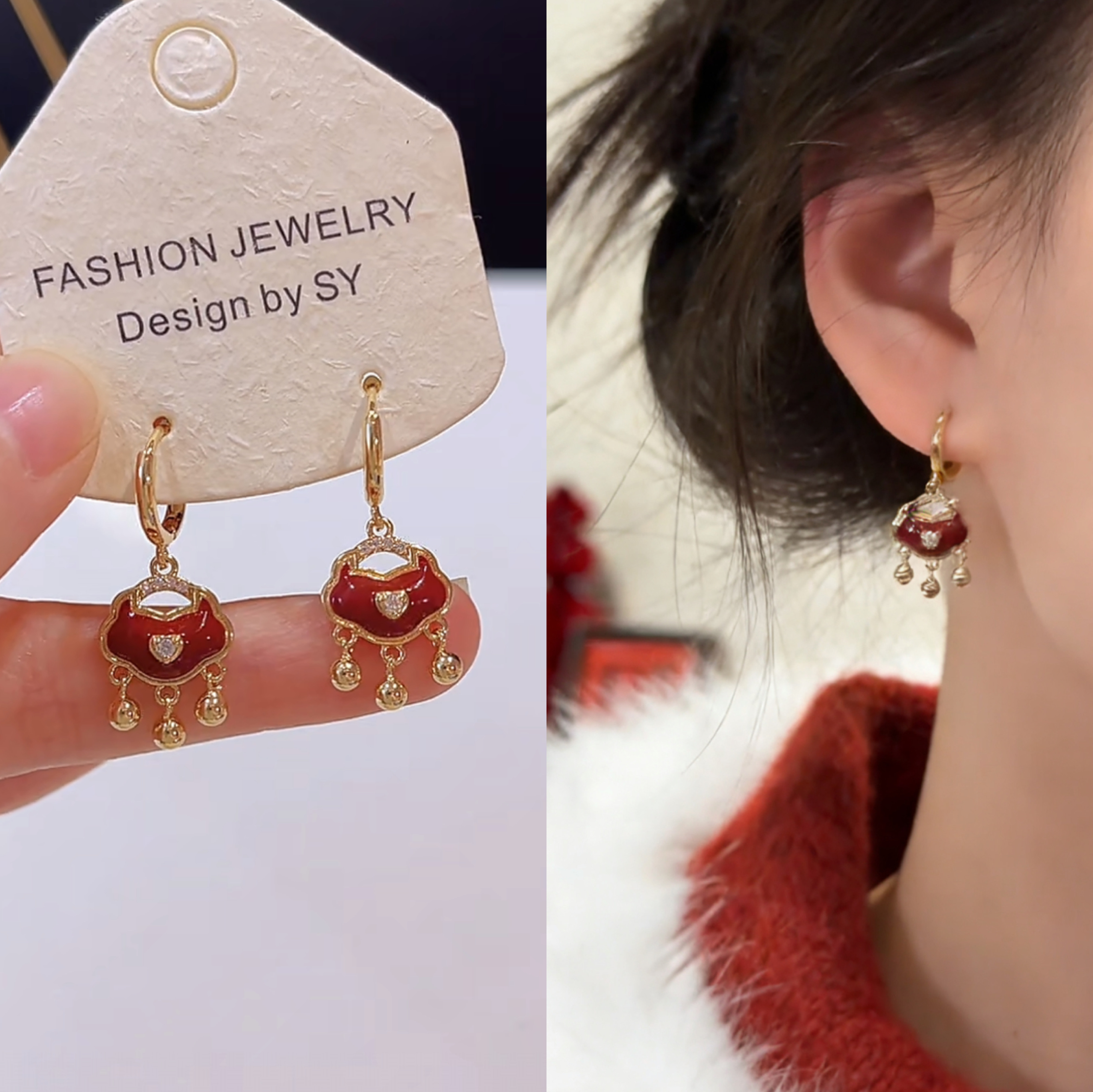 小众设计感轻奢精致红色平安锁耳环百搭时尚气质耳扣新年喜庆耳饰,饰品/流行首饰/时尚饰品新,耳环,淘宝优惠券,粉丝福利购,淘宝优惠卷