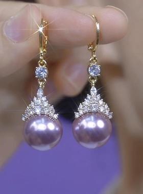 2024新款高级感微镶锆石紫色珍珠耳环女简约百搭耳扣轻奢气质耳饰