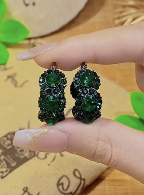 轻奢高级感微镶绿色锆石水晶耳圈耳扣女气质圈圈耳环复古港风耳饰