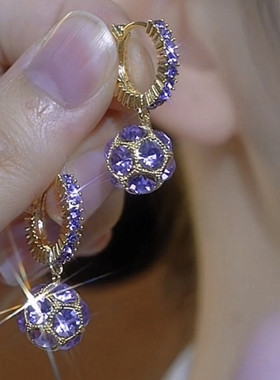 高档奢华紫色水晶满钻球球耳扣女轻奢高级感精致百搭耳环网红耳饰