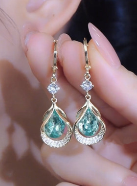 气质高级感蓝色水晶水滴耳环女设计感精致耳扣轻奢百搭显脸瘦耳饰